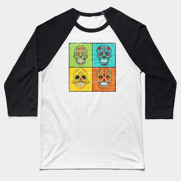 Mexican Day of the Dead Sugar Skulls Pop Art Distressed Baseball T-Shirt by Webdango